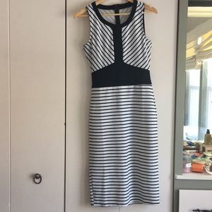 Asymmetrical black and white striped pencil dress